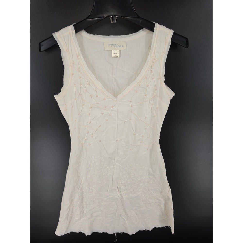 Project Alabama Cream Cotton Gauze Embroidered V-Neck Sleeveless Top Size 2